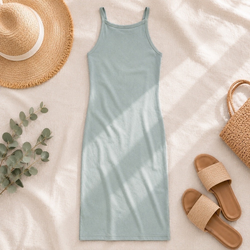 Zara Womens Sage Green Ribbed Knit Scoop Neck Sleeveless Midi Tank Dress Size S